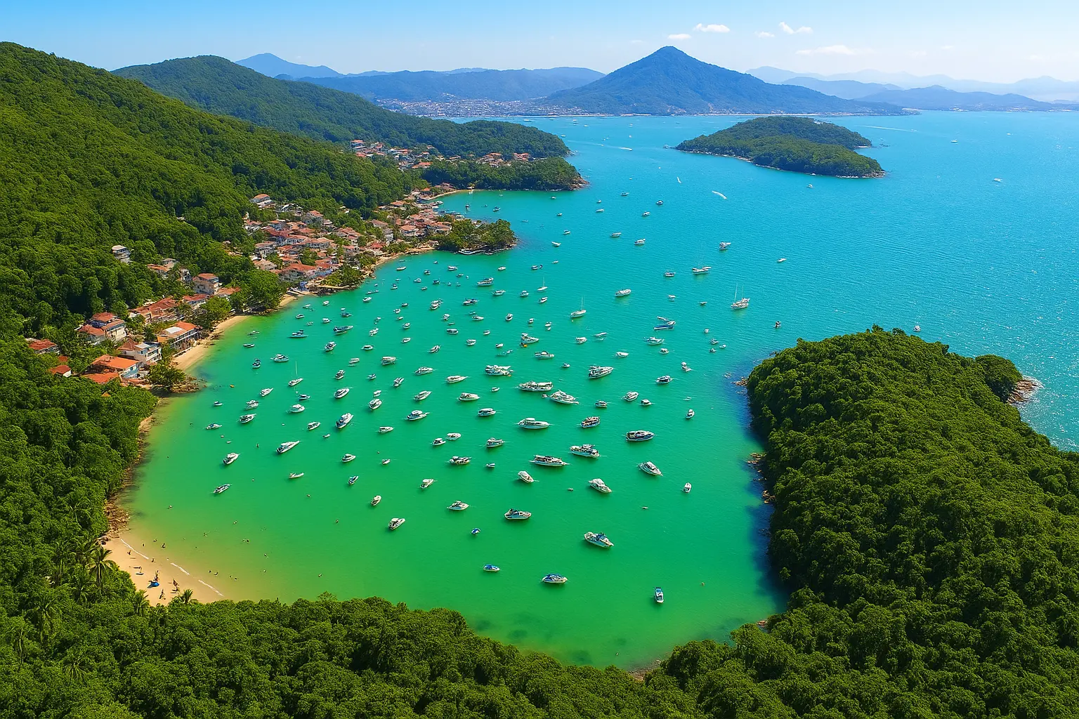 Praia do Caixa d'Aço, Porto Belo, com dezenas de embarcações fundeadas